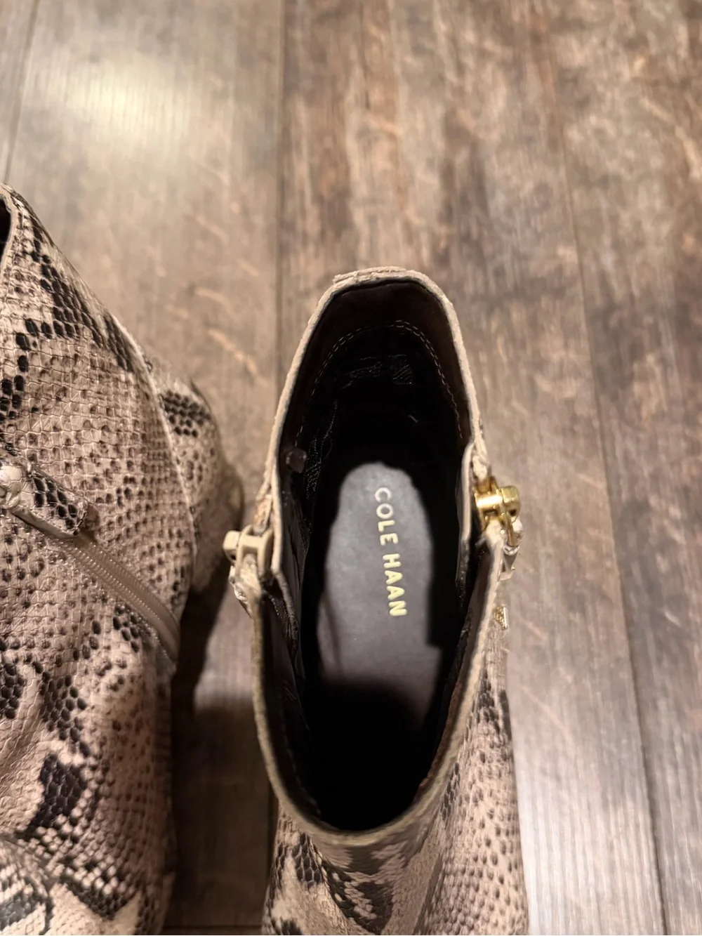 Cole Haan Snake-Print Pointed Ankle Booties in Taupe and Black